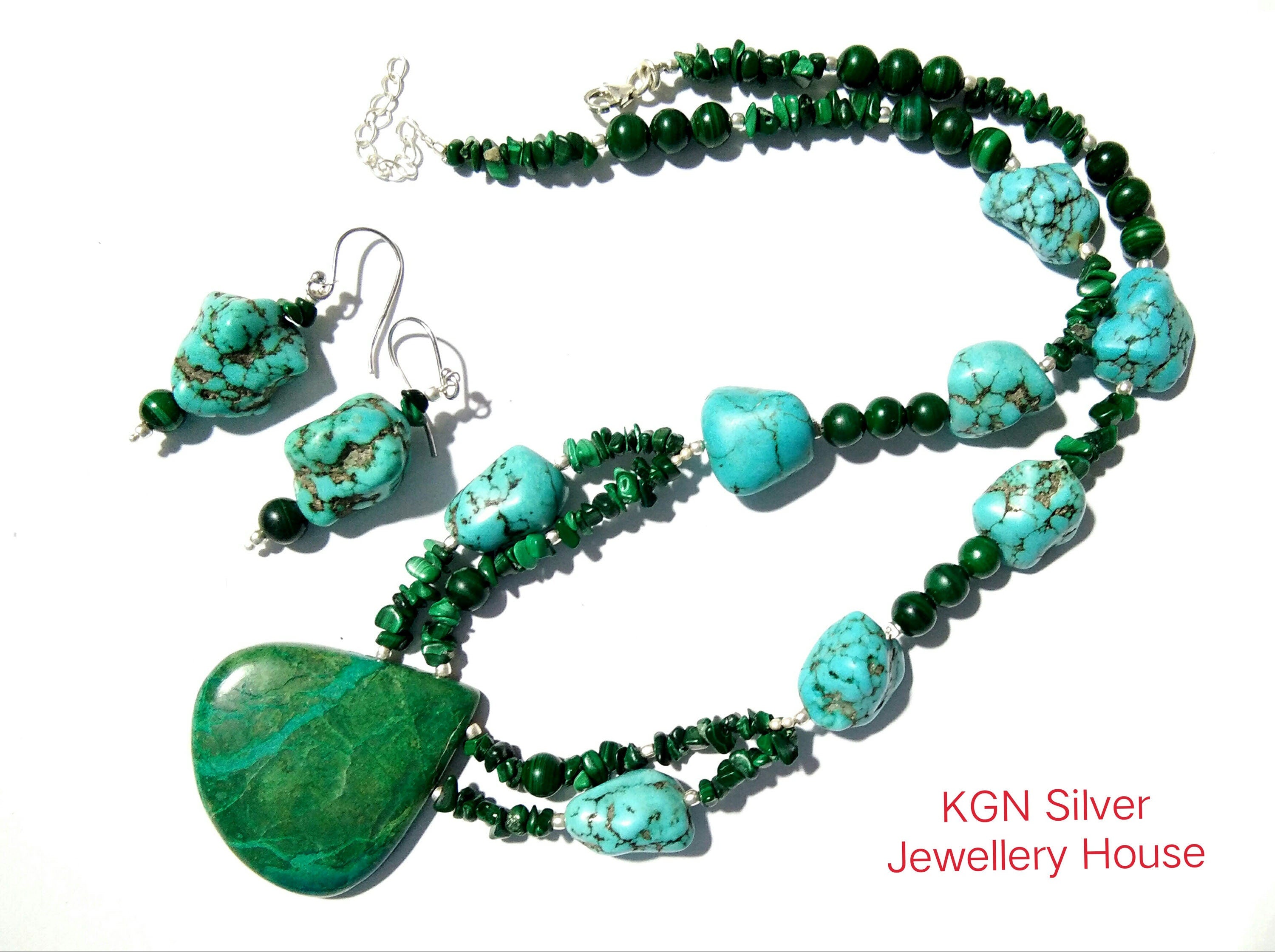 100% Natural Turquoise/Chrysocolla/Malachite Gemstone Necklace, Turquoise 925 Starling Silver Jewelry Stone Size 38x36mm to 15x12mm Necklace